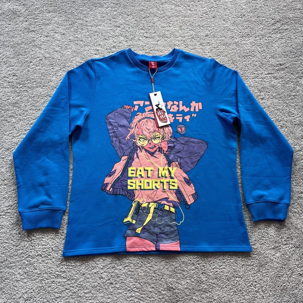 BIBISAMA Oni Girl Eat My Shorts Sweatshirt Mens XL Blue Anime Graphic Crewneck